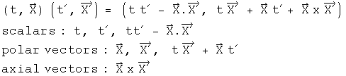 (t, X) times (t prime , X prime) =  (t t prime  - X dot X prime , t X prime  + X t prime + X cross X prime)axial vectors: X cross X prime 