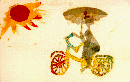 Post card collage of an old lady riding a bike & carrying an umbrella