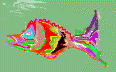 Fish with distorted colorful stripes facing left in a green sea