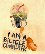 Monotype of a guy in a gas mask & a bike helmet bearing a placard 'I am a bicycle commuter'