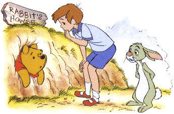 cartoon of Winne the Pooh stuck in Rabbits Hole