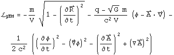 The Lagrange density of electromagnetism equals minus m overV times the square root of one minus the time derivative of R squared plus the square root of G times m minus q over c squared volume V times phi minus A dot the velocity v minus one over 2 c squared times the time derivative of phi squared minus the gradient of phi squared minus the time derivative of A squared plus del A squared.