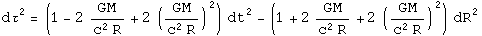 d tau squared equals one minus two times G M over c squared R plus two times the square of G M over c squared R times d t squared minus one plus two G M over c squared R plus two times the square of G M over c squared R times d t squared.