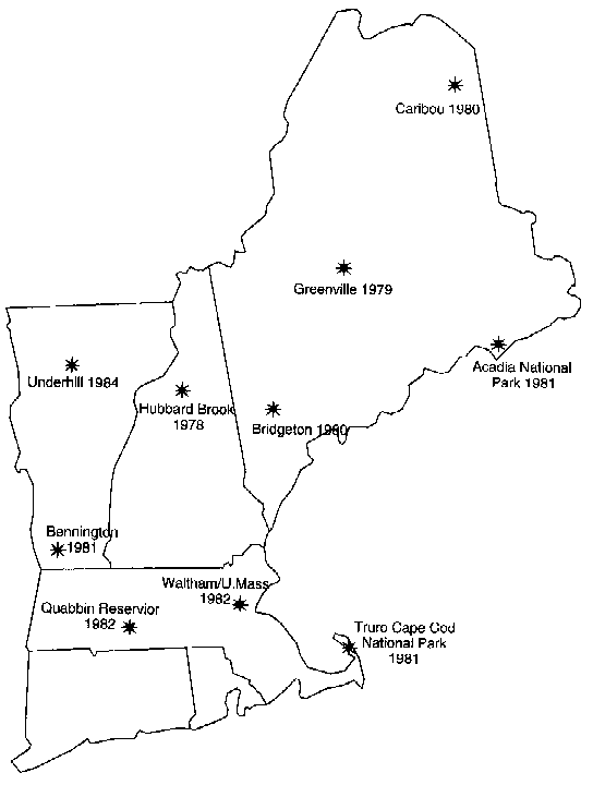 Map of 10 National Acid Precipitation Monitor Sites in New England